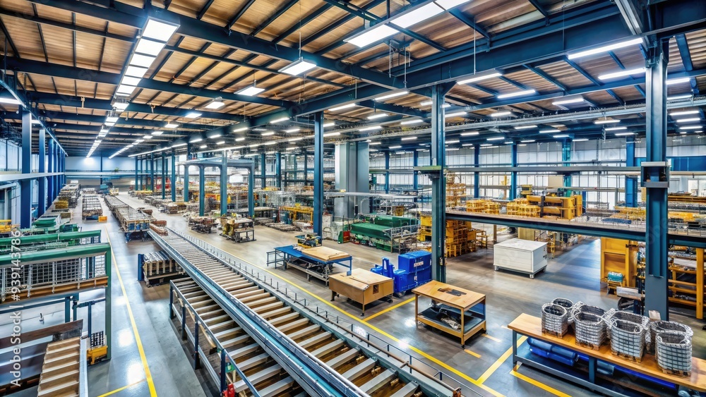 Industrial factory interior with rows of machinery, conveyor belts, and shelves stocked with parts, equipment, and tools, highlighting modern manufacturing process efficiency. Industrial factory interior with rows of machinery, conveyor belts, and shelves stocked with parts, equipment, and tools, highlighting modern manufacturing process efficiency.
