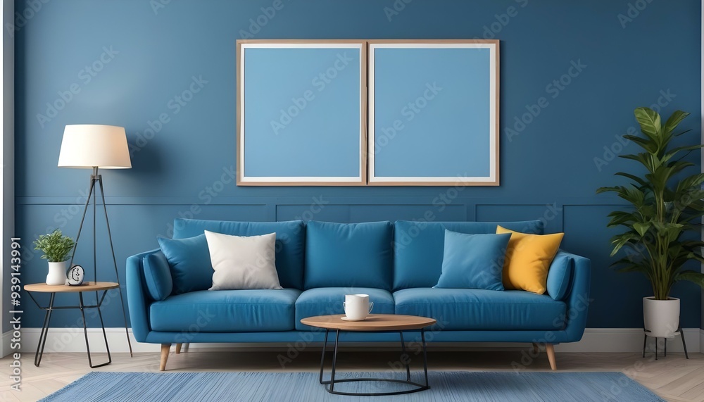 Interior mockup In a white room a blue sofa is placed next to a photo frame on the wall Interior mockup In a white room a blue sofa is placed next to a photo frame on the wall