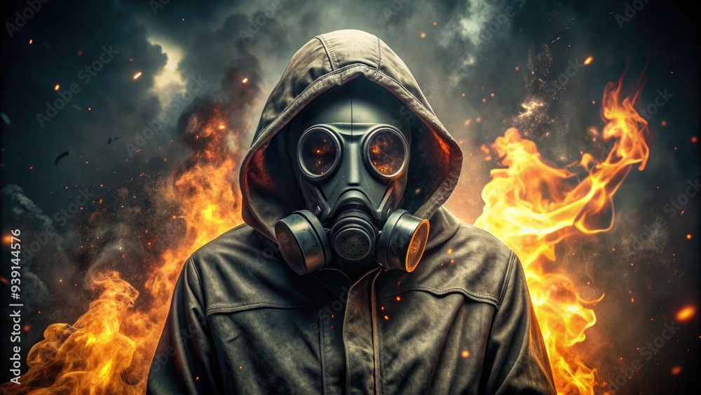 Intense flames engulf a mysterious figure, obscured by a worn gas mask, emerging from a dark, smoky background, evoking a sense of danger and resilience. Intense flames engulf a mysterious figure, obscured by a worn gas mask, emerging from a dark, smoky background, evoking a sense of danger and resilience.