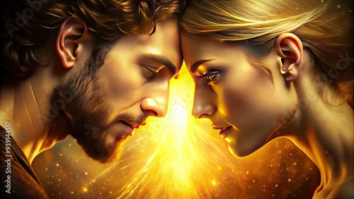 Intense eye contact between two individuals surrounded by a warm, golden glow, conveying a deep sense of emotional understanding and heartfelt spiritual connection.