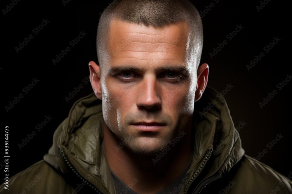 Fototapeta premium A man with a shaved head and a green jacket