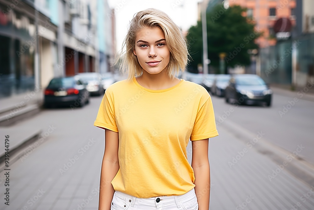 A blonde woman in a yellow shirt stands on a city street A blonde woman in a yellow shirt stands on a city street