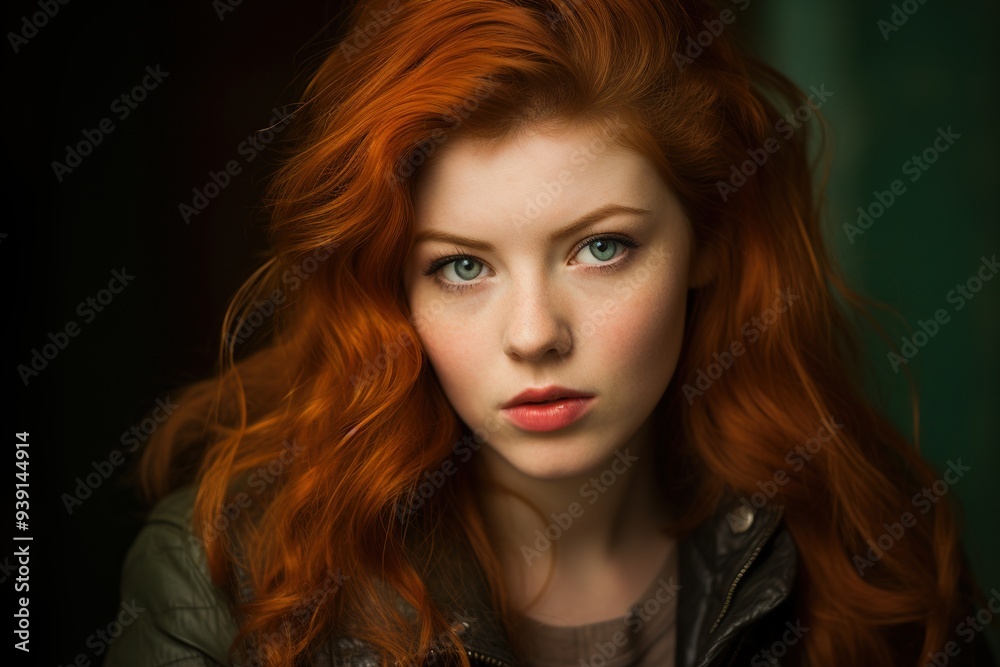 A woman with red hair and green eyes is standing in front of a green background A woman with red hair and green eyes is standing in front of a green background