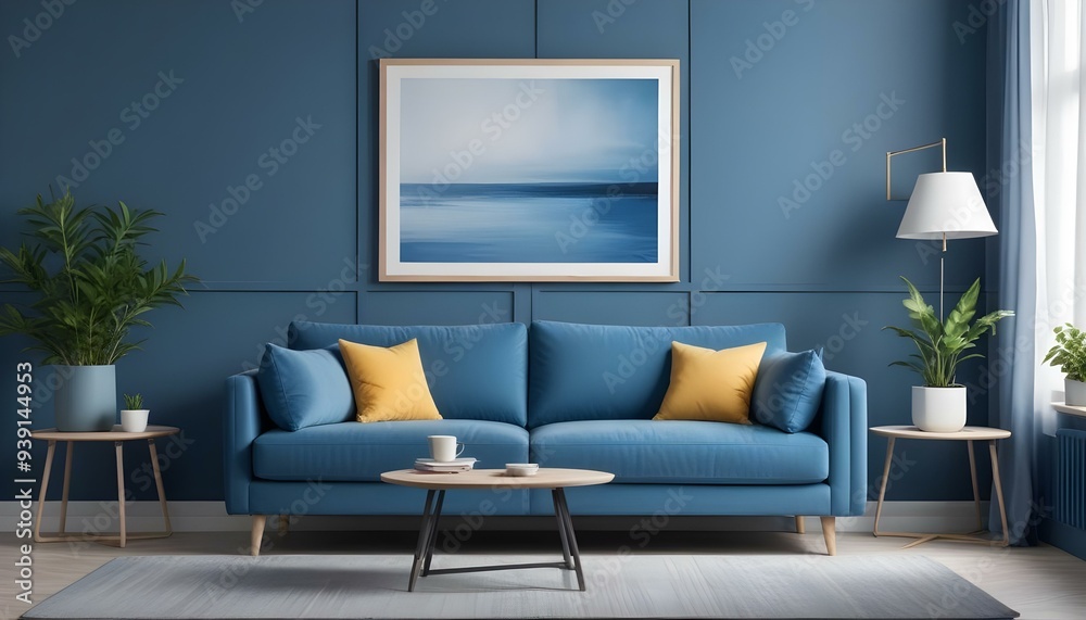 Interior mockup In a white room a blue sofa is placed next to a photo frame on the wall