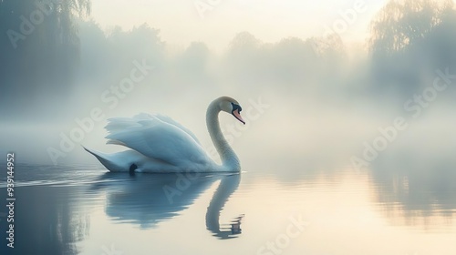 Tranquil swan floating peacefully on a calm lake ideal for sophisticated bird-themed wallpaper designs