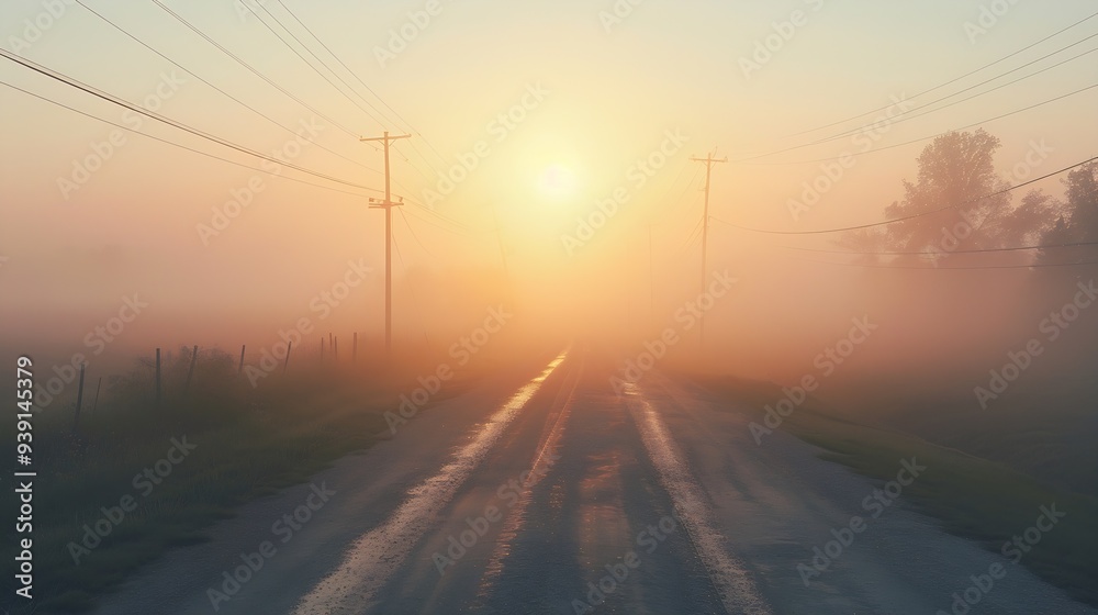 Fog at sunrise on rural road : Generative AI