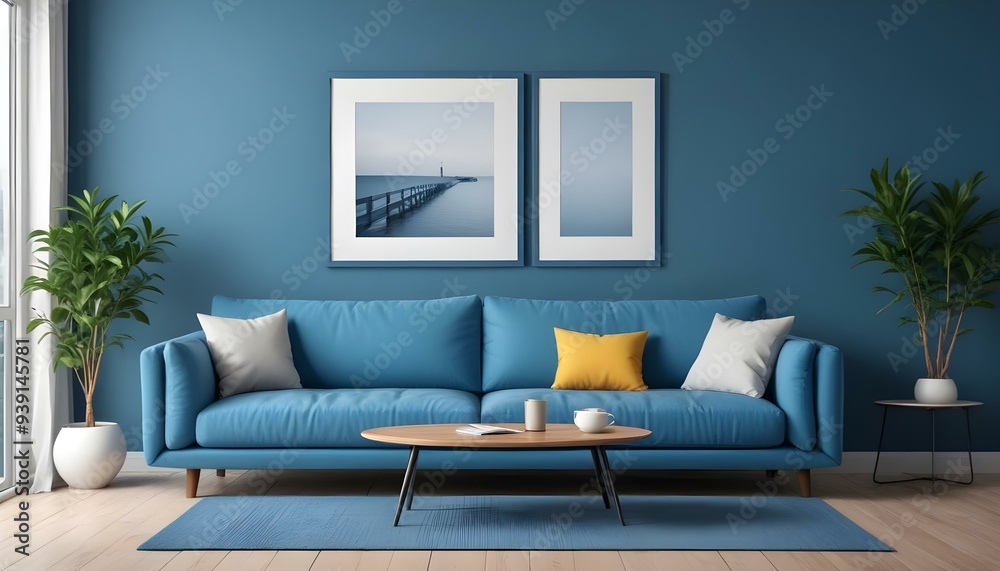 Interior mockup In a white room a blue sofa is placed next to a photo frame on the wall Interior mockup In a white room a blue sofa is placed next to a photo frame on the wall