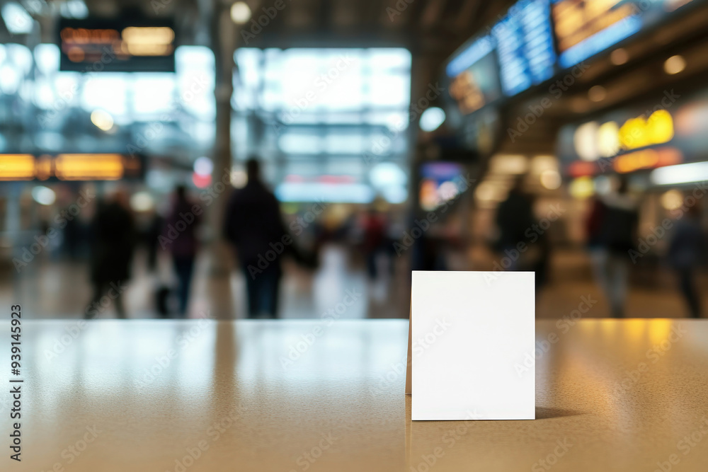 Fototapeta premium Blank White Card in Busy Train Station at Daytime 