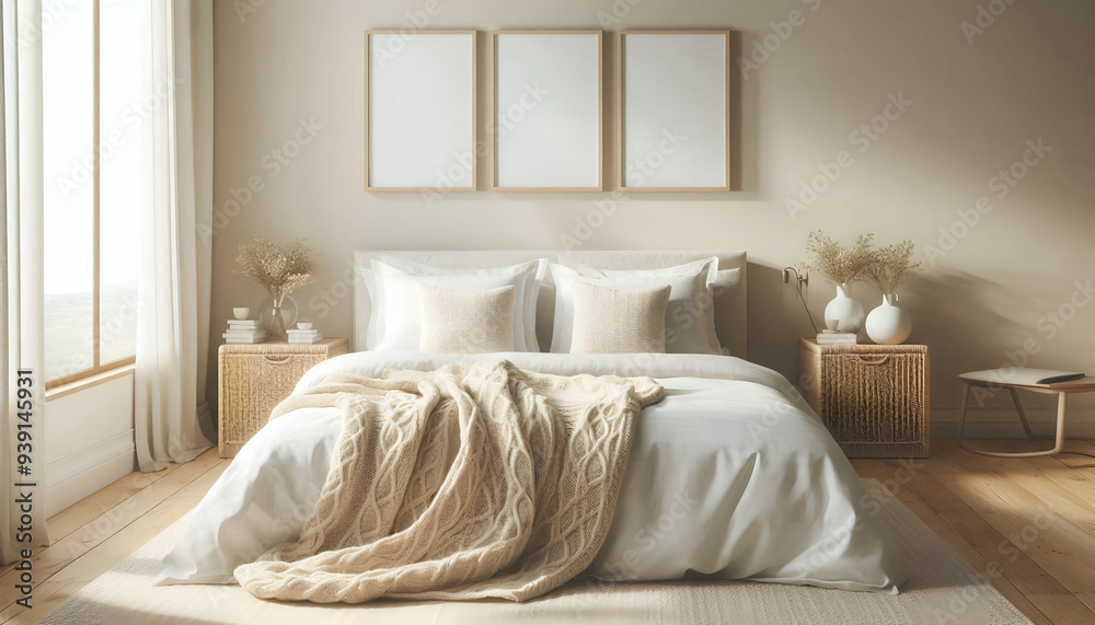 Mockup three frame in bedroom interior background, room in light pastel colors, 3d render Mockup three frame in bedroom interior background, room in light pastel colors, 3d render