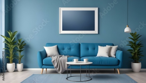 Interior mockup In a white room a blue sofa is placed next to a photo frame on the wall