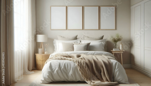 Mockup three frame in bedroom interior background, room in light pastel colors, 3d render