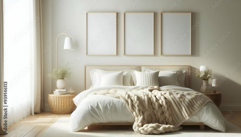 Mockup three frame in bedroom interior background, room in light pastel colors, 3d render Mockup three frame in bedroom interior background, room in light pastel colors, 3d render