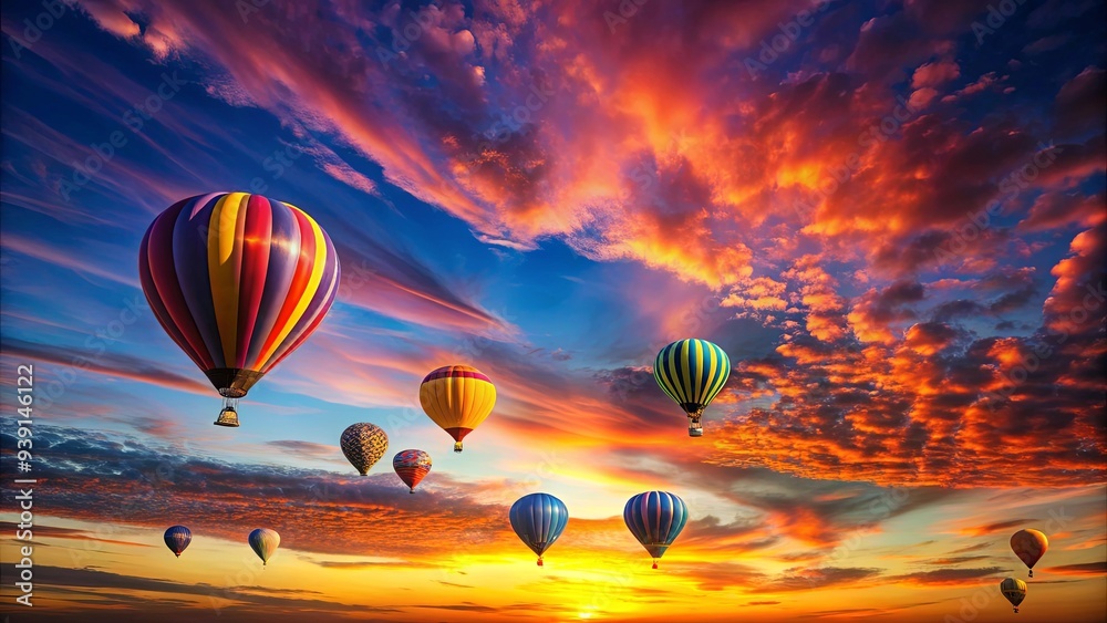 Naklejka premium Vibrant sunset sky with bold balloon silhouettes