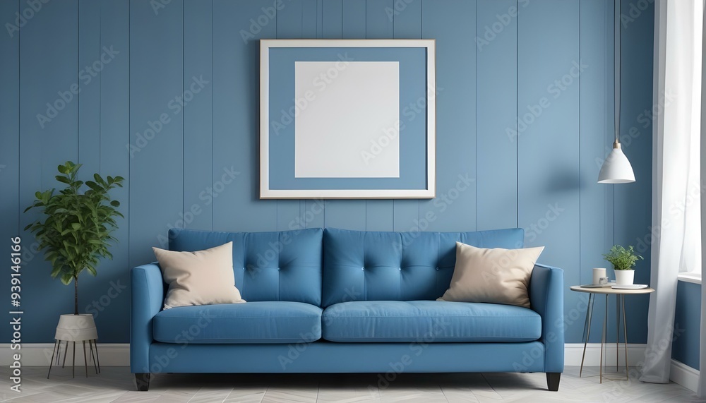 Interior mockup In a white room a blue sofa is placed next to a photo frame on the wall Interior mockup In a white room a blue sofa is placed next to a photo frame on the wall