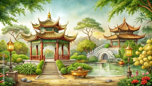 Intricate traditional Chinese-style hand-drawn sketch of a serene Asian garden scene featuring pagodas, lanterns, and lush greenery surrounded by ornate golden borders.