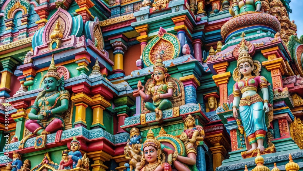 Intricately carved ancient Tamil temple sculptures depict Hindu gods and goddesses in vibrant colors, showcasing rich cultural heritage and exquisite Indian craftsmanship. Intricately carved ancient Tamil temple sculptures depict Hindu gods and goddesses in vibrant colors, showcasing rich cultural heritage and exquisite Indian craftsmanship.