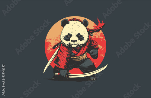Samurai panda logo vector icon illustration vintage style