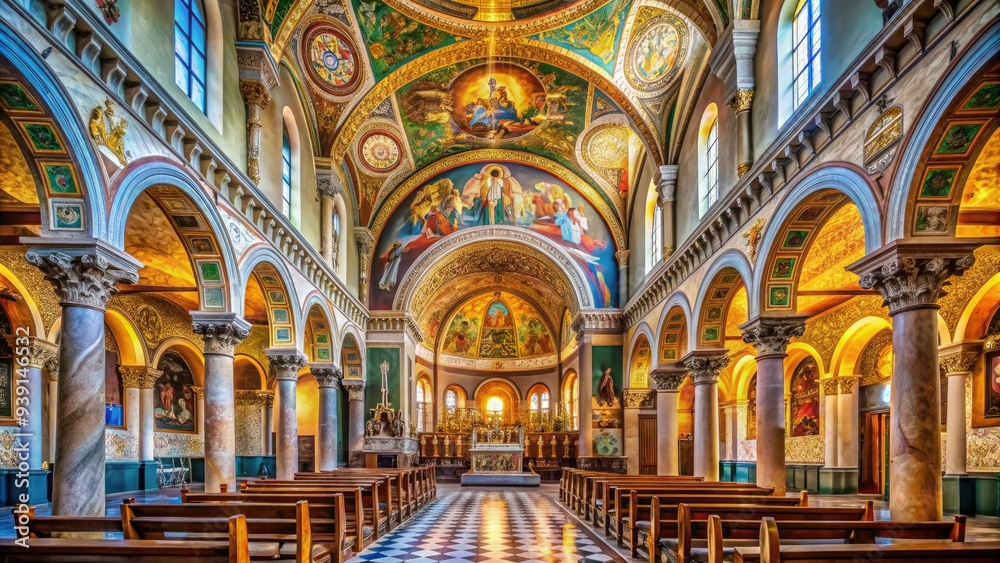 Fototapeta premium Intricately decorated ancient Christian church, Basilica of San Clemente, features vibrant mosaics, ornate columns, and stunning stained-glass windows in a beautifully restored interior setting.