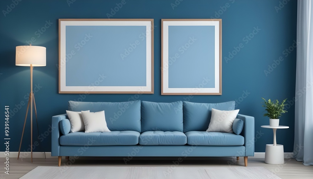 Interior mockup In a white room a blue sofa is placed next to a photo frame on the wall