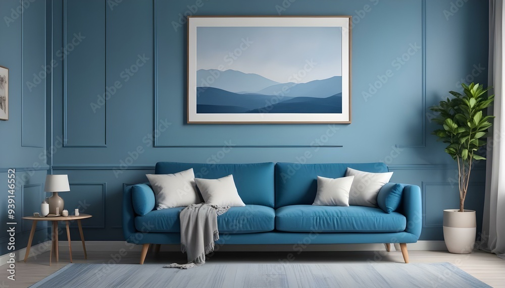 Interior mockup In a white room a blue sofa is placed next to a photo frame on the wall Interior mockup In a white room a blue sofa is placed next to a photo frame on the wall
