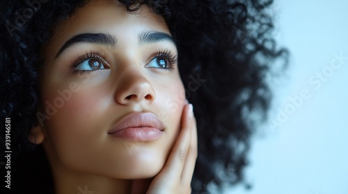 Hmm Suspicious thoughtful young mixed race female with black curly hair looking up keeping hand on her face as if trying hard to remember something important Human face expressions and : Generative AI