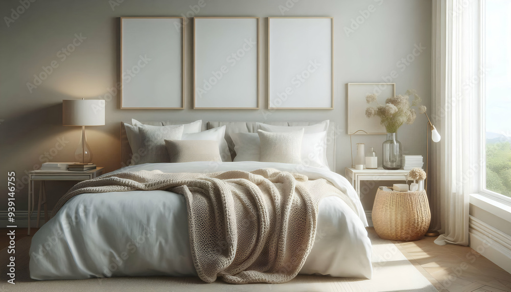 Mockup three frame in bedroom interior background, room in light pastel colors, 3d render Mockup three frame in bedroom interior background, room in light pastel colors, 3d render
