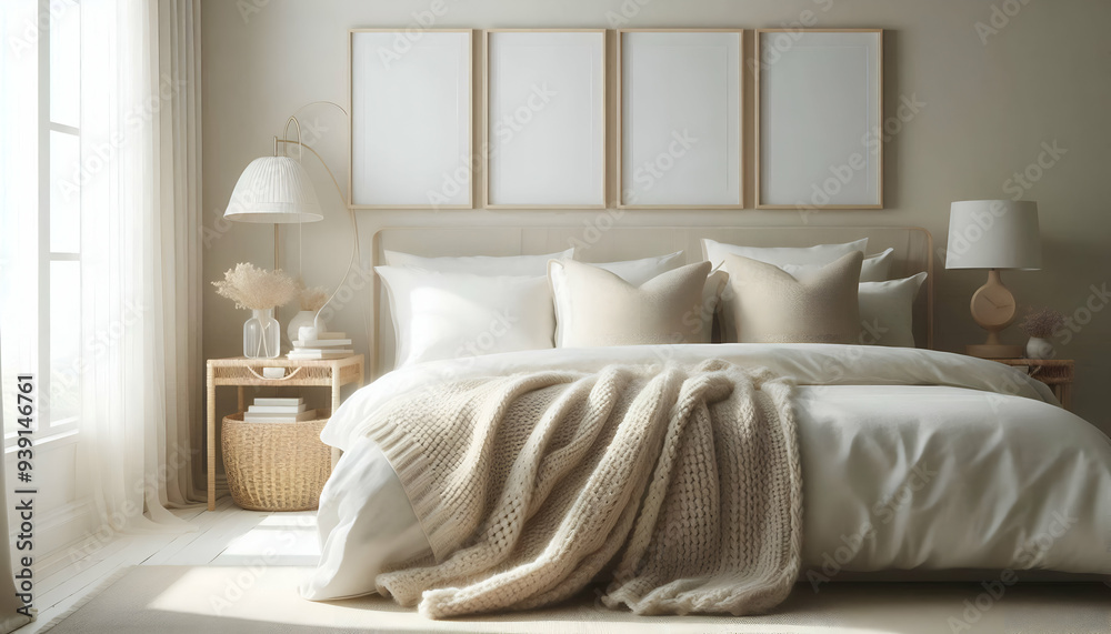 Mockup three frame in bedroom interior background, room in light pastel colors, 3d render Mockup three frame in bedroom interior background, room in light pastel colors, 3d render