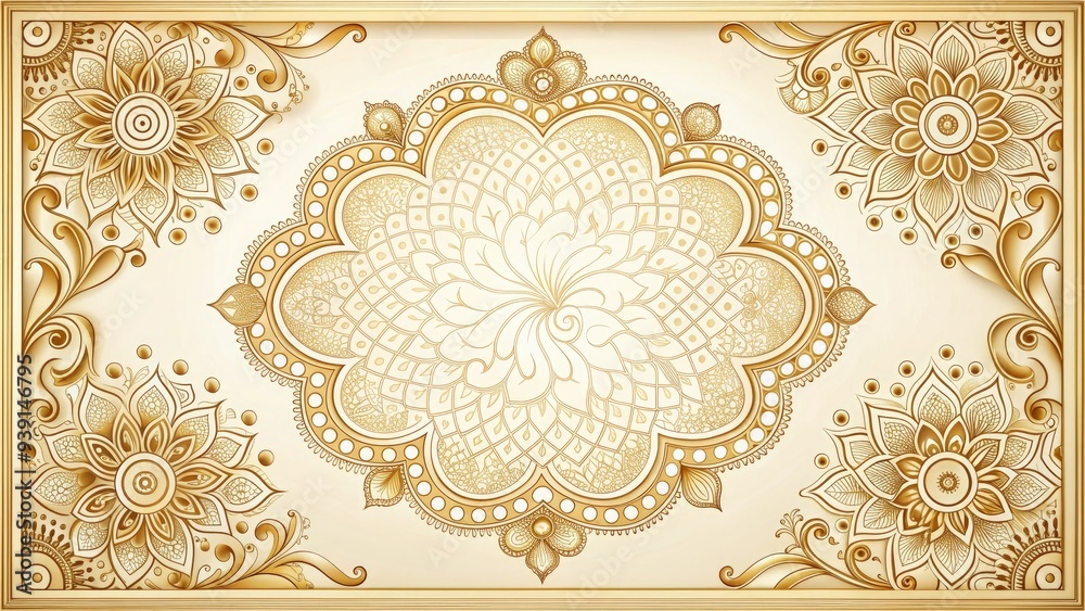 Intricately designed golden frame adorned with delicate henna patterns and swirls, surrounded by subtle floral accents, against a soft, creamy white background. Intricately designed golden frame adorned with delicate henna patterns and swirls, surrounded by subtle floral accents, against a soft, creamy white background.