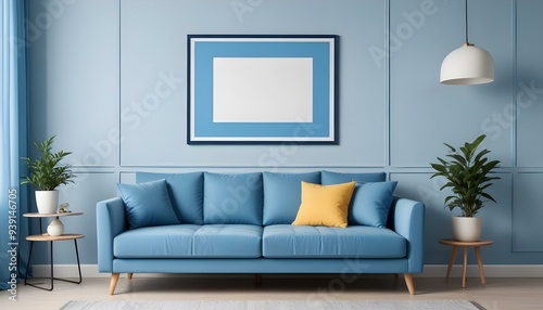 Interior mockup In a white room a blue sofa is placed next to a photo frame on the wall