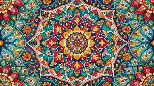 Intricately designed ethnic ornament template featuring interlocking geometric patterns, florals, and mandalas in vibrant colors, perfect for cultural and festive design projects. photo