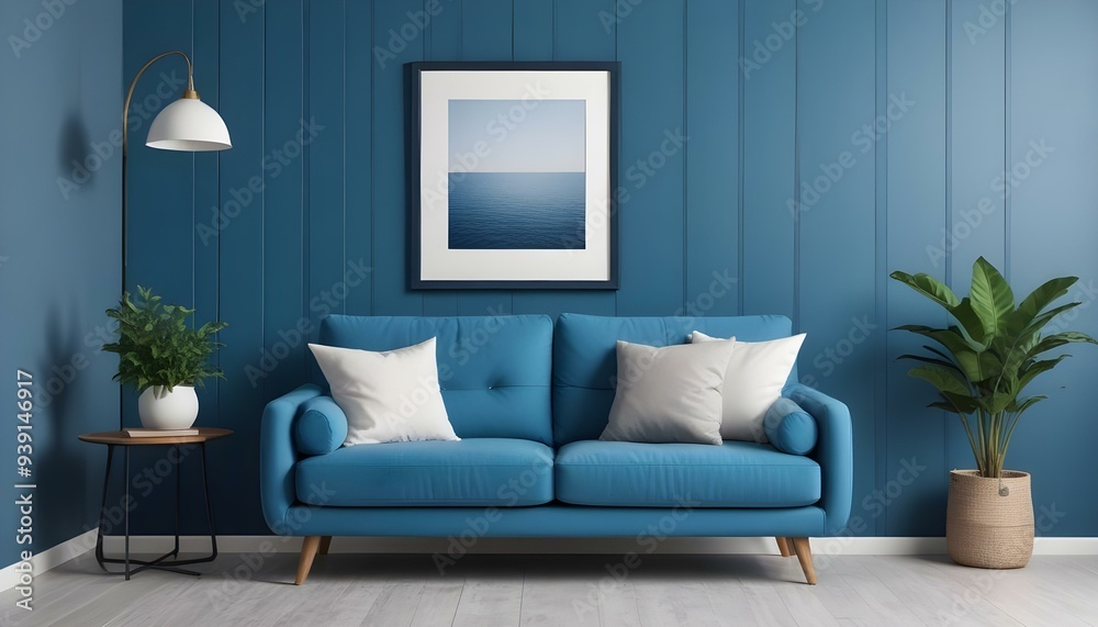 Interior mockup In a white room a blue sofa is placed next to a photo frame on the wall Interior mockup In a white room a blue sofa is placed next to a photo frame on the wall