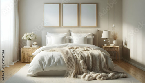 Mockup three frame in bedroom interior background, room in light pastel colors, 3d render