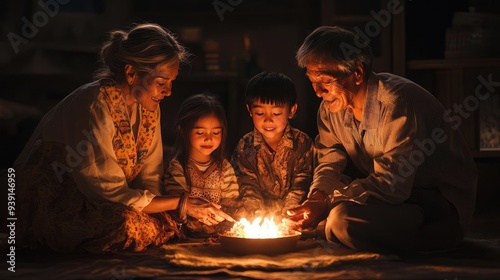 A family gathered for a traditional storytelling night, with elders sharing myths and legends, highlighting the oral traditions in cultural heritage