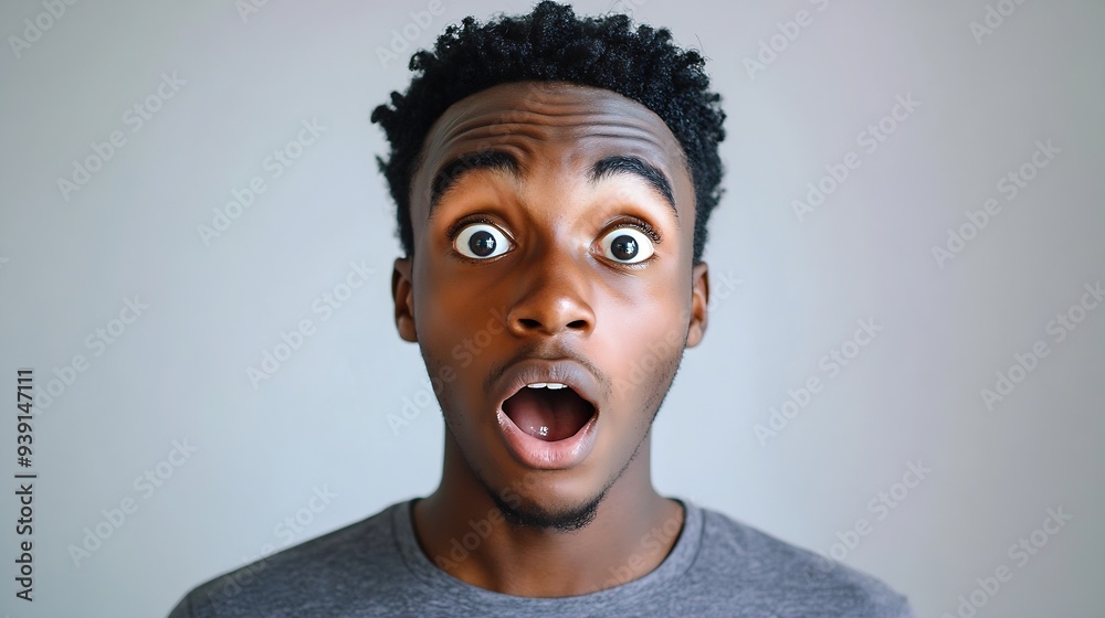 Headshot of goofy surprised bugeyed young darkskinned man student wearing casual grey tshirt staring at camera with shocked look expressing astonishment and shock screaming Omg or Wow : Generative AI