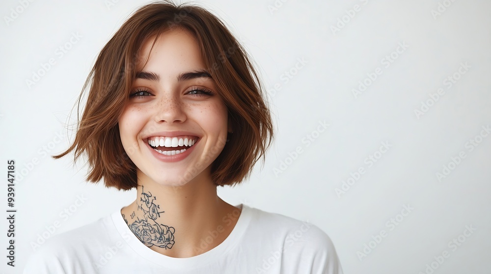 Happy European female laughs joyfully shows white teeth has bobbed hairstyle dressed in casual t shirt has tattoo isolated over white background recieves pleasant compliment Emotions : Generative AI Happy European female laughs joyfully shows white teeth has bobbed hairstyle dressed in casual t shirt has tattoo isolated over white background recieves pleasant compliment Emotions : Generative AI