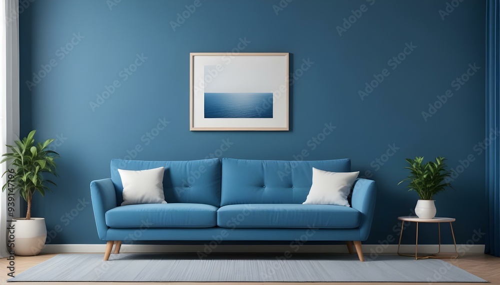 Interior mockup In a white room a blue sofa is placed next to a photo frame on the wall Interior mockup In a white room a blue sofa is placed next to a photo frame on the wall