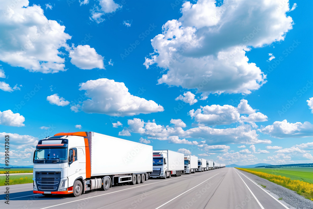 Trucks on the Highway in Bright Blue Sky. A fleet of freight trucks transporting goods along a scenic road under fluffy clouds. Majestic transport vehicles driving on a beautiful day Trucks on the Highway in Bright Blue Sky. A fleet of freight trucks transporting goods along a scenic road under fluffy clouds. Majestic transport vehicles driving on a beautiful day