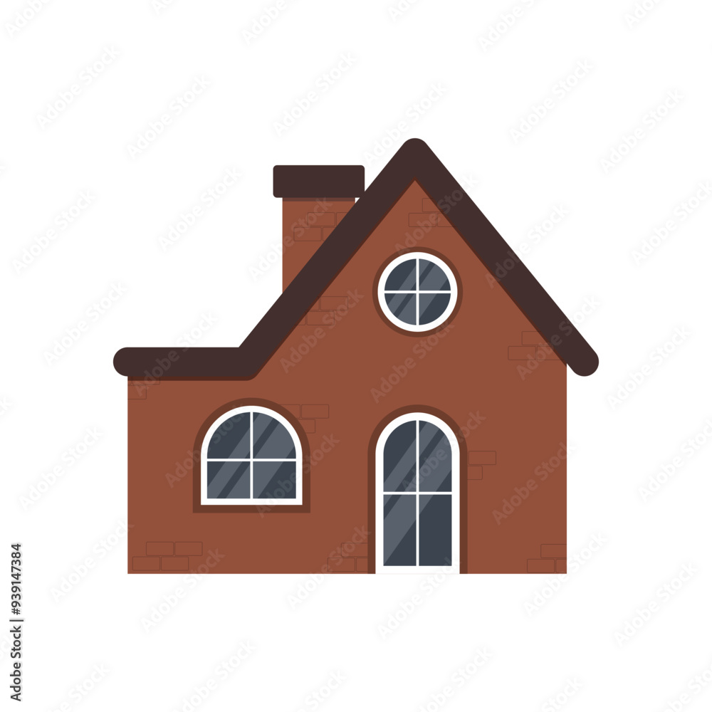 Rustic brown brick house with white shutters on the windows, stove and tiled roof on a white background. Rustic brown brick house with white shutters on the windows, stove and tiled roof on a white background.