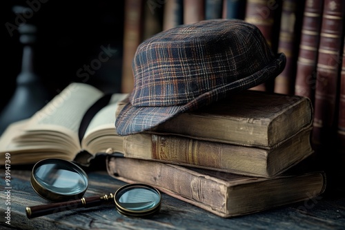 A stack of mystery novels with a few detective hats and magnifying glasses nearby Hyper realistic. Shot with canon 5d Mark III --ar 3:2 --style raw --v 6.1 Job ID: d4f22d2d-be98-4e29-982a-e630ede297dd