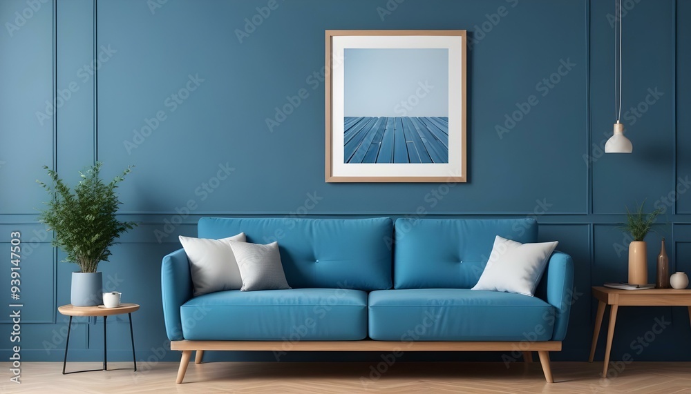 Interior mockup In a white room a blue sofa is placed next to a photo frame on the wall Interior mockup In a white room a blue sofa is placed next to a photo frame on the wall