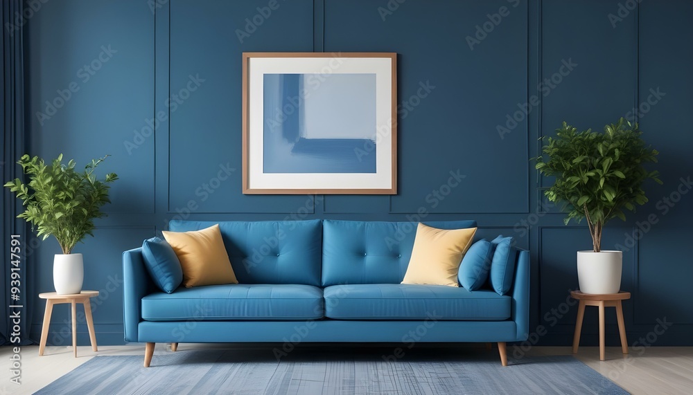 Interior mockup In a white room a blue sofa is placed next to a photo frame on the wall Interior mockup In a white room a blue sofa is placed next to a photo frame on the wall