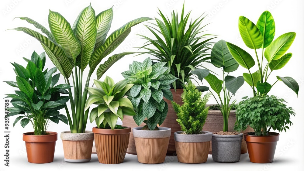 Isolated potted plants with varied leaf shapes and sizes against a transparent background, showcasing natural textures and vibrant green hues in high contrast. Isolated potted plants with varied leaf shapes and sizes against a transparent background, showcasing natural textures and vibrant green hues in high contrast.