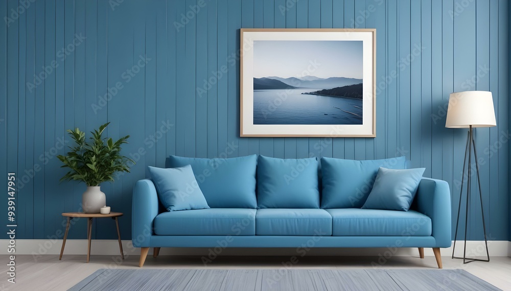 Interior mockup In a white room a blue sofa is placed next to a photo frame on the wall Interior mockup In a white room a blue sofa is placed next to a photo frame on the wall