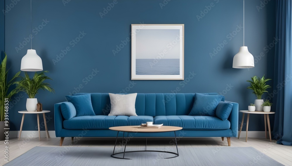 Interior mockup In a white room a blue sofa is placed next to a photo frame on the wall Interior mockup In a white room a blue sofa is placed next to a photo frame on the wall