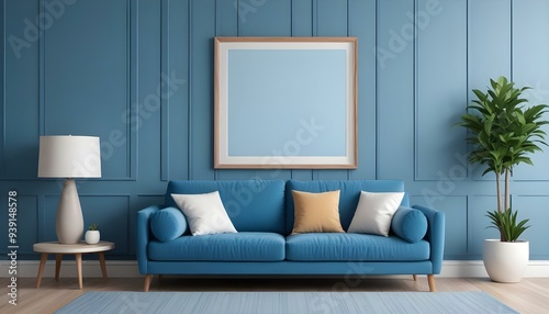 Interior mockup In a white room a blue sofa is placed next to a photo frame on the wall