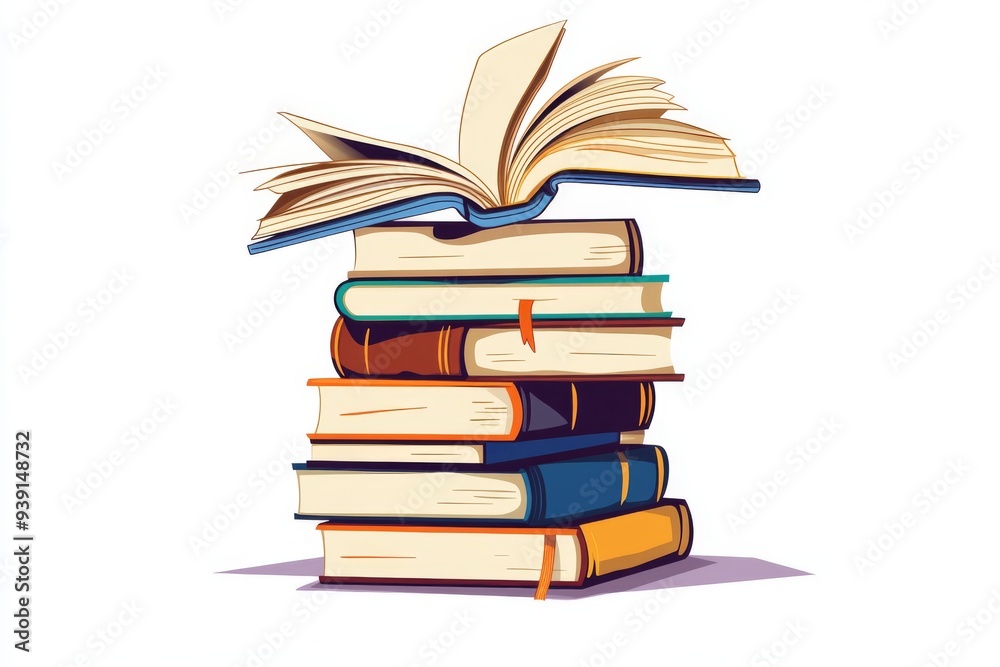 This illustration features a tall stack of books, with a few open on top, suggesting a recent reading session. The scene evokes a sense of warmth and intellectual curiosity. This illustration features a tall stack of books, with a few open on top, suggesting a recent reading session. The scene evokes a sense of warmth and intellectual curiosity.