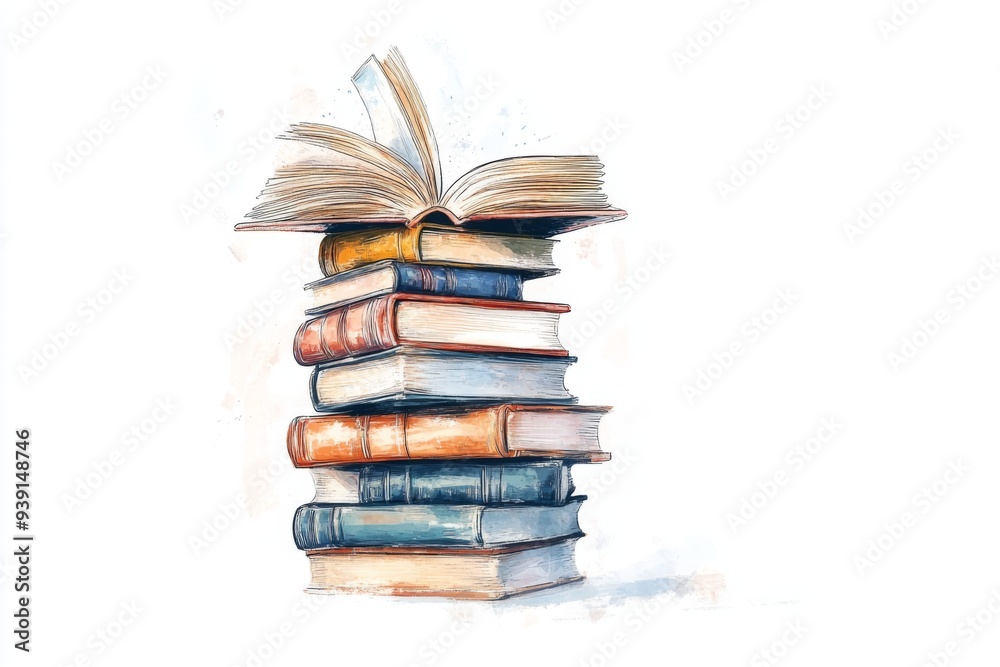 This illustration features a tall stack of books, with a few open on top, suggesting a recent reading session. The scene evokes a sense of warmth and intellectual curiosity. This illustration features a tall stack of books, with a few open on top, suggesting a recent reading session. The scene evokes a sense of warmth and intellectual curiosity.
