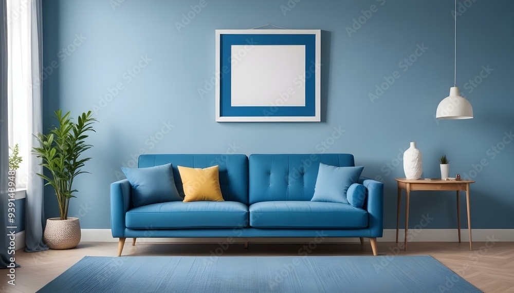 Interior mockup In a white room a blue sofa is placed next to a photo frame on the wall Interior mockup In a white room a blue sofa is placed next to a photo frame on the wall