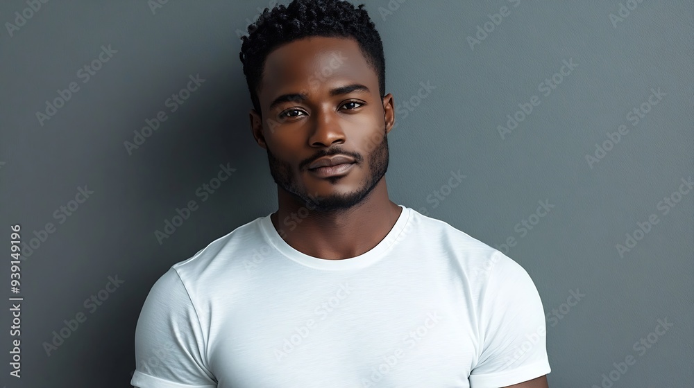 Obraz premium Close up portrait of goodlooking serious African man with healthy clean skin wearing white casual tshirt posing isolated against gray studio wall with copy space for your promotional c : Generative AI