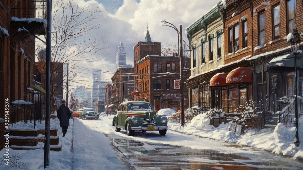 A Snowy City Street with a Green Car and a Man Walking A Snowy City Street with a Green Car and a Man Walking